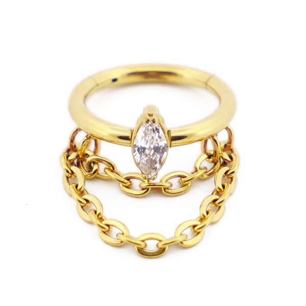 Anneau Charnière Titane PVD Gold Stérile Strass et pendentif double Chaine | Itc