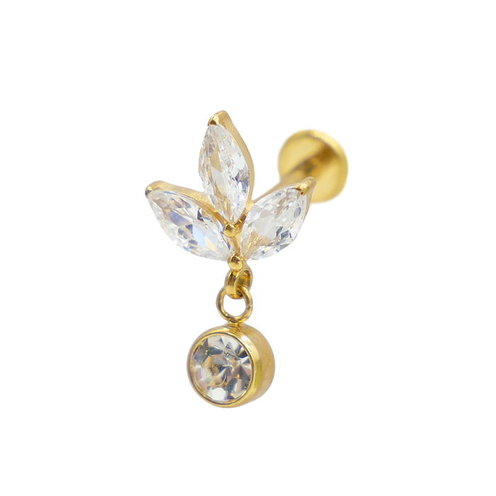 Labret Titane PVD Gold Interne Stérile motif Marquise 3 Strass avec pendentif |