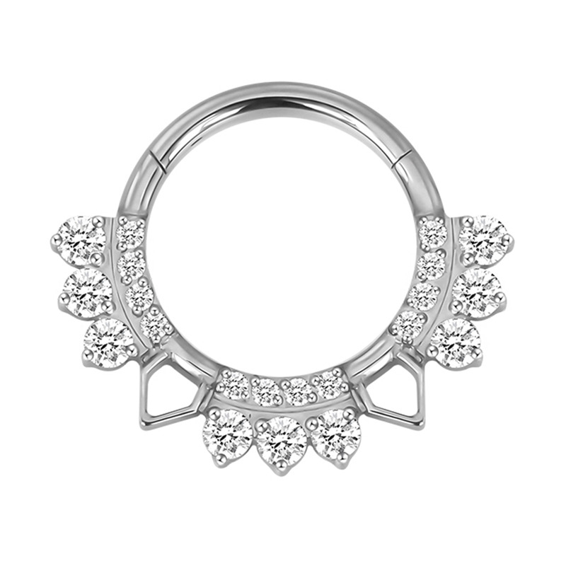 Anneau charnière titane multistrass carré blanc et triangle