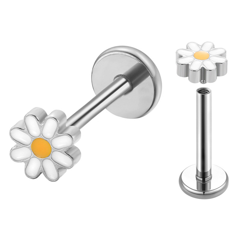 Labret Titane ASTM F136 interne 1,2x8 fleur marguerite blanc / jaune | iTC