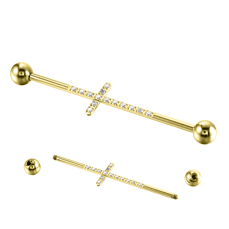 Barbell industriel titane Pvd Gold 1.6x38 boule 5mm motif croix strass | iTC