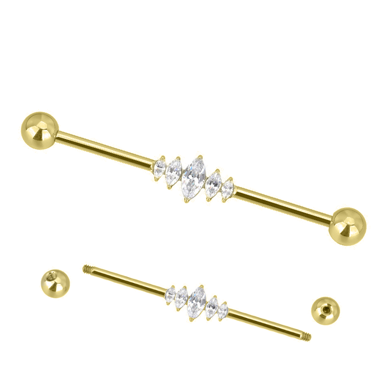 Barbell industriel titane Pvd Gold 1.6x38 boule 5mm motif losange strass | iTC