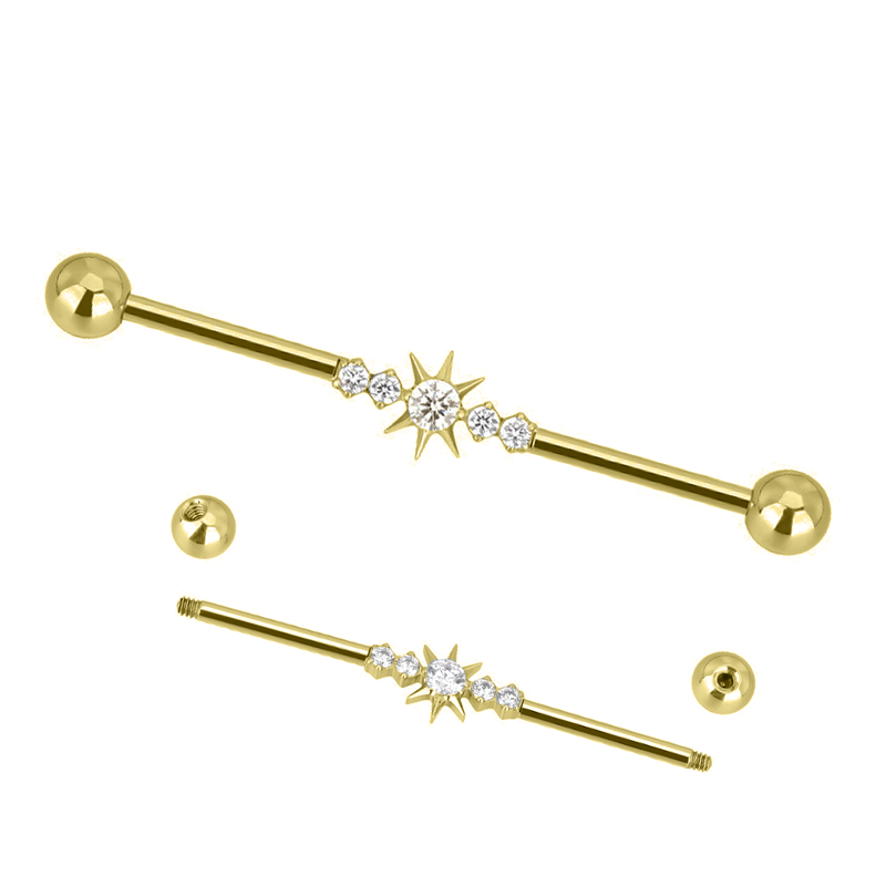 Barbell industriel titane Pvd Gold 1.6x38 boule 5mm motif étoile strass | iTC