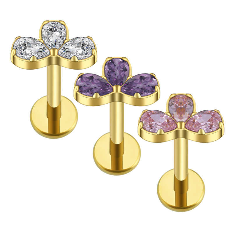 Labret titane ASTM F136 pvd gold interne 1,2mm nœud zircon 3 cristaux blanc | iT