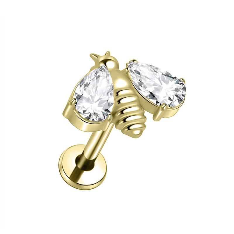 Labret Titane pvd gold ASTM F136 interne 1,2x8 motif abeille strass blanc | iTC