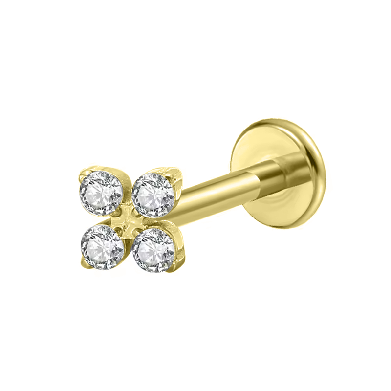 Labret Titane ASTM F136 interne pvd gold  1.2X8  motif fleur 4 strass | iTC