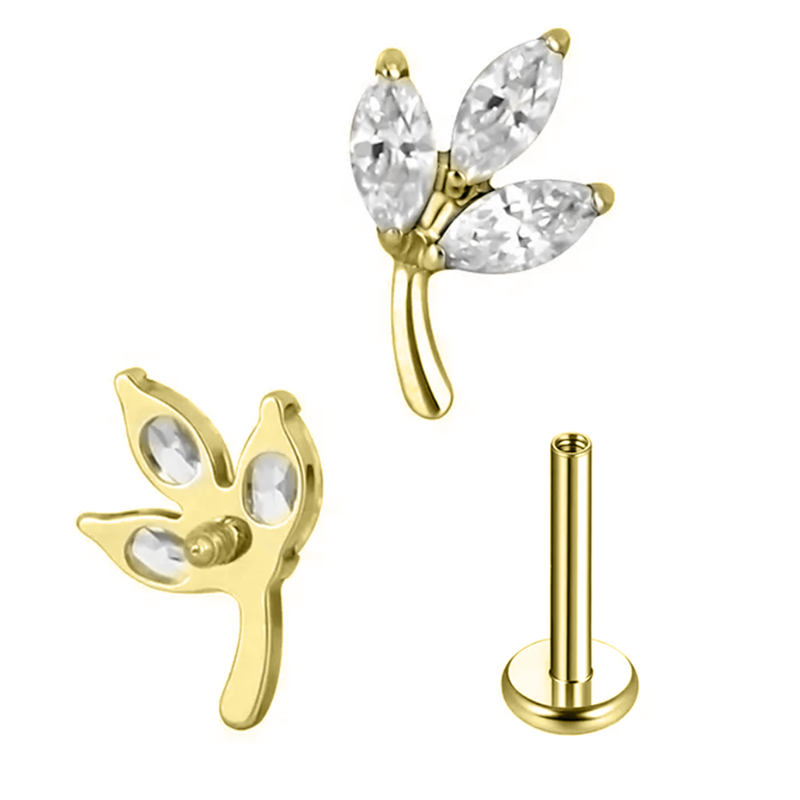 Labret Titane ASTM F136 interne pvd gold 1,2x8 feuillé serti strass blanc | iTC