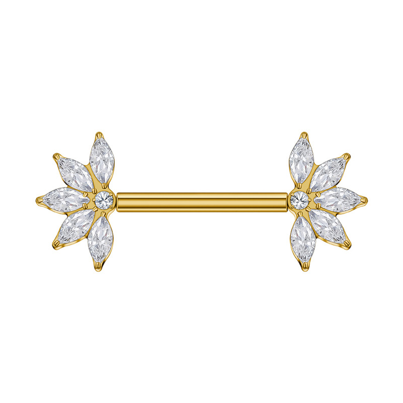 Bijou de téton titane ASTM F136 pvd gold interne 1,6mm rosace cristal  blanc  |
