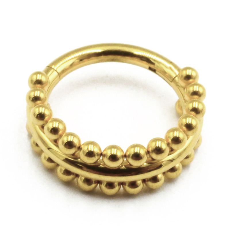 Anneau Charnière Titane PVD Gold Stérile motif Double Rangée de Billes | Itc