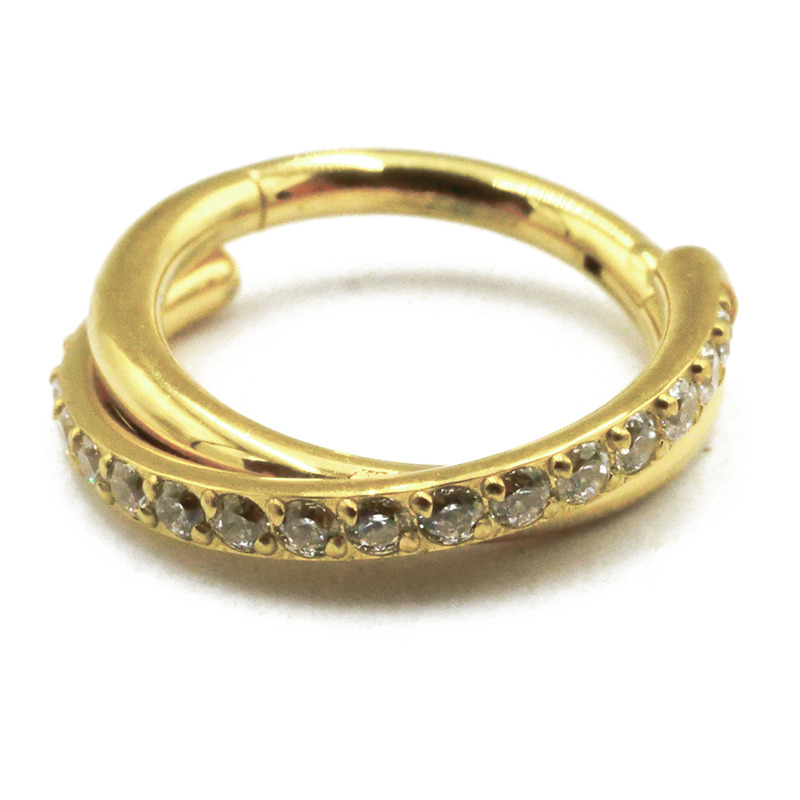 Anneau Charnière Titane PVD Gold Stérile motif Twist Strass Blanc | Itc
