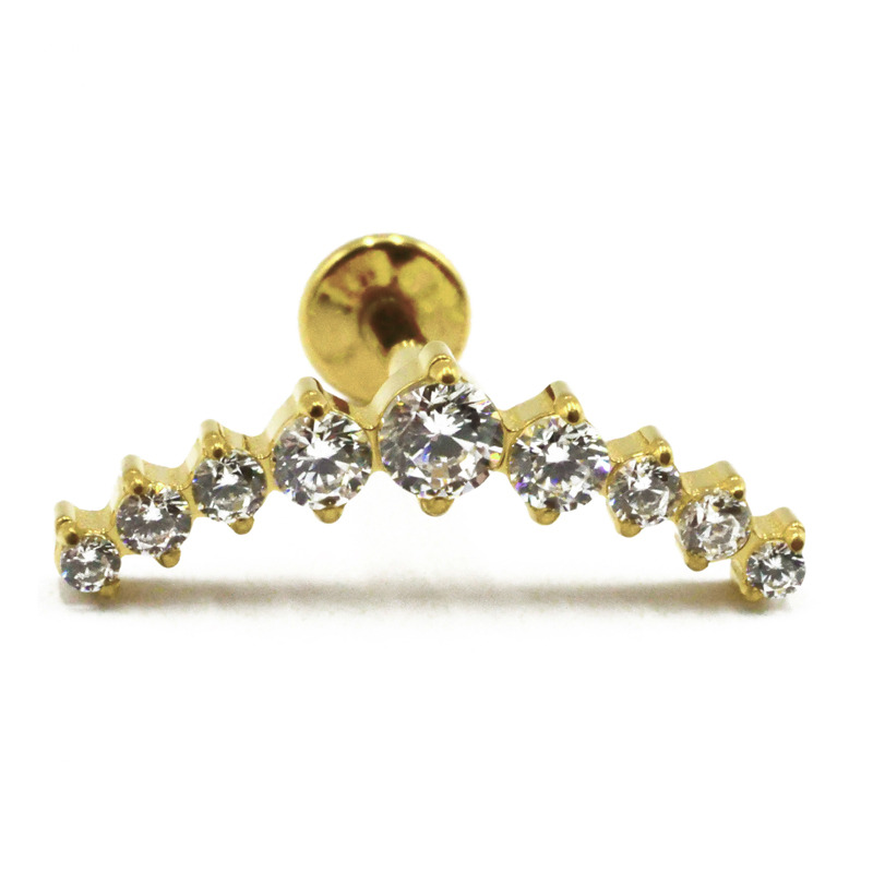 Labret Titane PVD Gold Interne Stérile motif Couronne 9 Strass Blanc | Itc