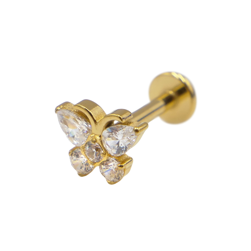 Labret Titane PVD Gold Interne Stérile motif papillon strass BL| Itc
