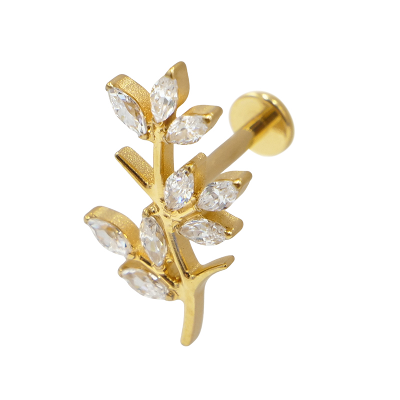 Labret Titane PVD Gold Interne Stérile motif branche strass BL| Itc